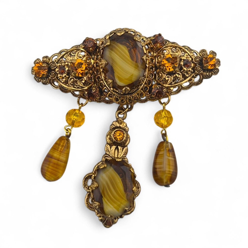 Vintage West Germany Golden Filigree Porphyry Glass Pin Brooch Dangle